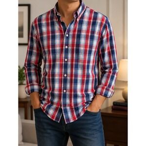 IZOD Men's XLT Red Blue Plaid Button Down Shirt Long Sleeve Tall Casual Cotton